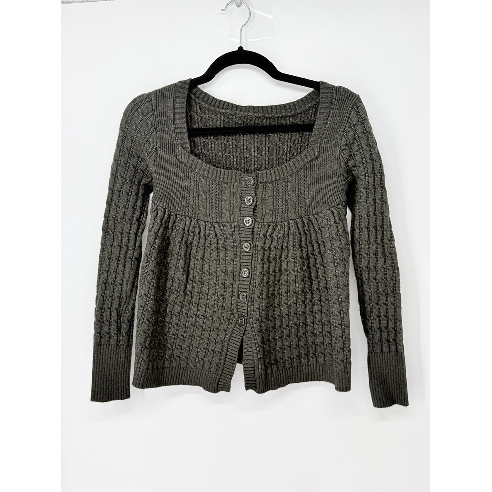 Y2K Baby Doll Cable Knit Cardigan Sweater Cropped Gray Size M Coquette